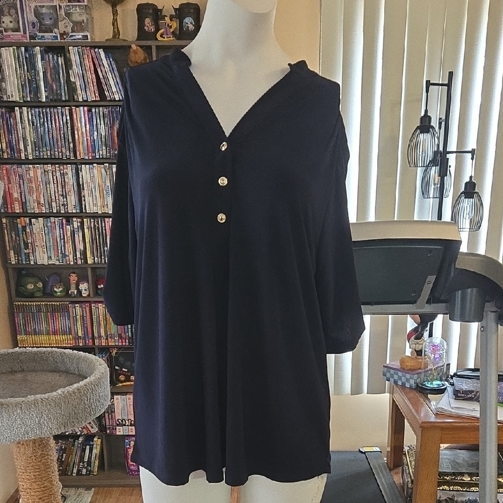 Elegant Black Blouse with Silver Button Detail 3/4 Sleeve